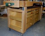 Woodworking bench 62 -Finished Bench -Vise and shelf end -small.JPG