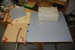 Lego table for Leah, Brooke, and Jamie 01 -Gluing 6 large panels to a piece of plywood -small.JPG