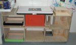 Complex shelving unit 07 -insert drawers and try router table on rollers -small.JPG
