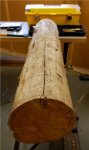 Totem carving 01 -My 4 foot long cedar log resting on a jig on my workmate -small.JPG